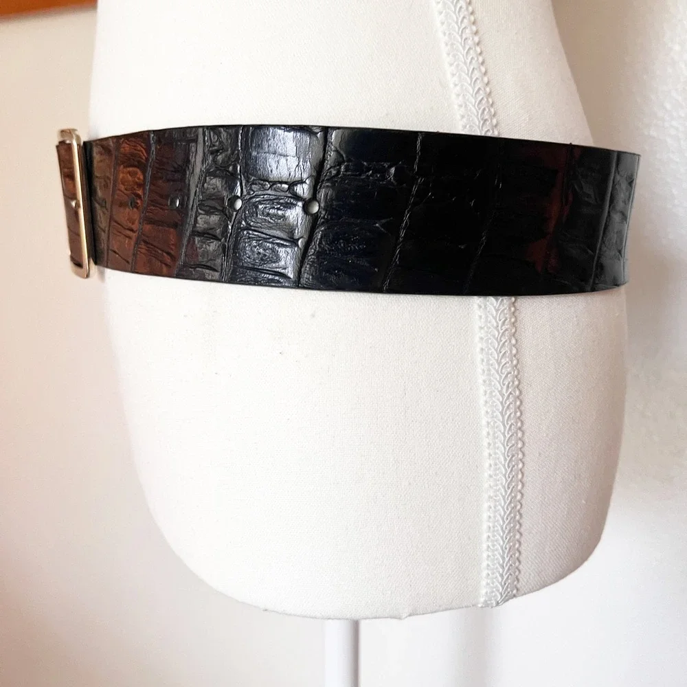 Zara Black Leather Wide Belt Silver Buckle Faux Crocodile Embossed‎ Size Small